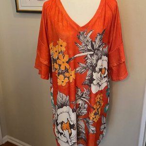 Lily by Firmiana - Short Sleeved - Multi-Colored with Orange Background - 1X